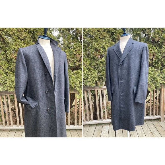 Fits 42 Mint Herringbone Shadow Striped Fine Italian Wool Overcoat Top Coat - Picture 2 of 6